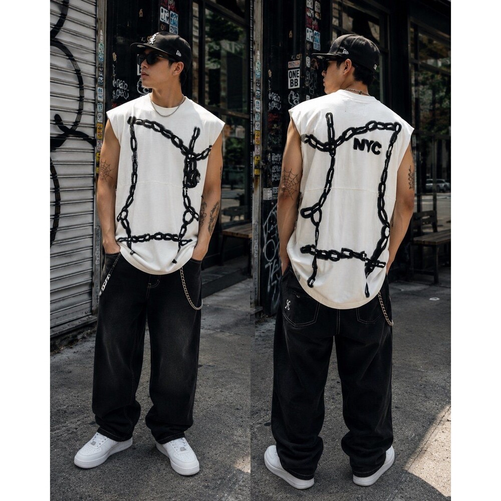 NWT Spirit Jersey NYC Chain Graphic Sleeveless Oversized Top White Black Size Sm
